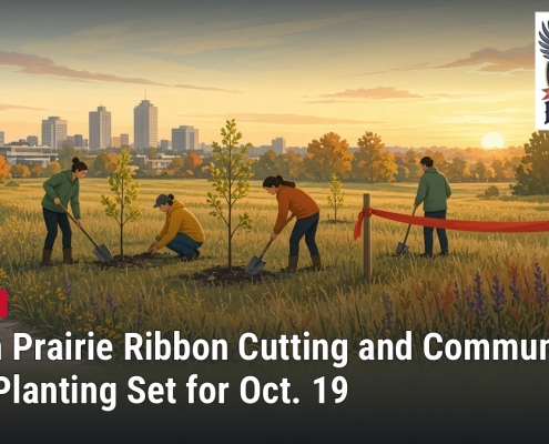 Fostoria News Community members planting trees at urban prairie event in Fostoria.